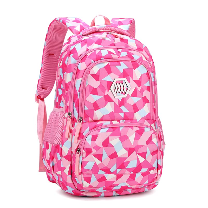 BEFUNIRISE School Backpack Girls Geometric Printed Primary Junior Middle High College Kids Boy Bookbag (Rosy, Large)