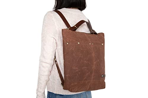 Small Convertible Totepack /Minimalist Slim Everyday Travel Daypack Women/ 14 Inch Laptop Backpack/ 8 Pocket College Bookbag/ Waterproof Lining/ Waxed Canvas & Leather/ Urbanist (Cinnamon Brown)