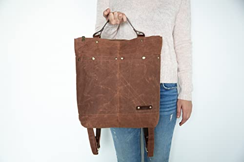 Small Convertible Totepack /Minimalist Slim Everyday Travel Daypack Women/ 14 Inch Laptop Backpack/ 8 Pocket College Bookbag/ Waterproof Lining/ Waxed Canvas & Leather/ Urbanist (Cinnamon Brown)