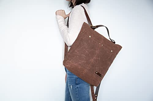 Small Convertible Totepack /Minimalist Slim Everyday Travel Daypack Women/ 14 Inch Laptop Backpack/ 8 Pocket College Bookbag/ Waterproof Lining/ Waxed Canvas & Leather/ Urbanist (Cinnamon Brown)