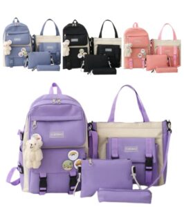 amztan 4pcs canvas school backpack combo set for students with bear pendant handle shoulder tote bag laptop schoolbag (purple)