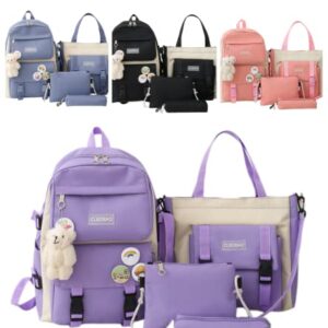 AMZTAN 4Pcs Canvas School Backpack Combo Set for Students with Bear Pendant Handle Shoulder Tote Bag Laptop Schoolbag (Purple)