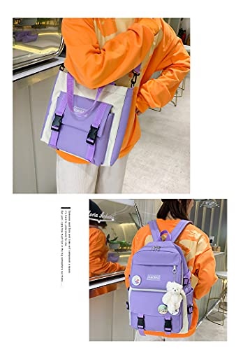 AMZTAN 4Pcs Canvas School Backpack Combo Set for Students with Bear Pendant Handle Shoulder Tote Bag Laptop Schoolbag (Purple)