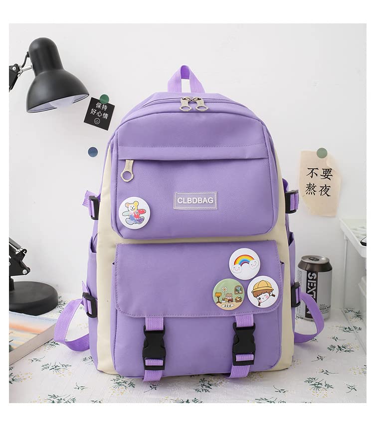 AMZTAN 4Pcs Canvas School Backpack Combo Set for Students with Bear Pendant Handle Shoulder Tote Bag Laptop Schoolbag (Purple)