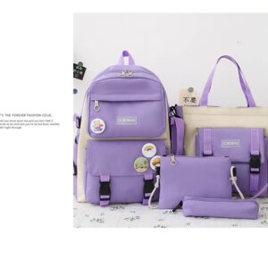 AMZTAN 4Pcs Canvas School Backpack Combo Set for Students with Bear Pendant Handle Shoulder Tote Bag Laptop Schoolbag (Purple)