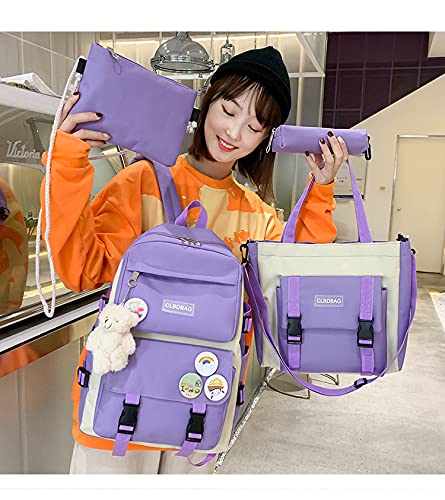 AMZTAN 4Pcs Canvas School Backpack Combo Set for Students with Bear Pendant Handle Shoulder Tote Bag Laptop Schoolbag (Purple)