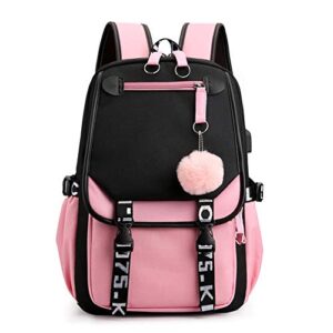 hanxiucao girl backpack 20-35l large capacity oxford cloth school bag outdoor rucksackwith usb charging and headphone port for students (black and pink)
