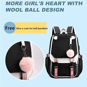 HANXIUCAO Girl Backpack 20-35L Large Capacity Oxford Cloth School Bag Outdoor Rucksackwith USB Charging and Headphone Port for Students (black and pink)