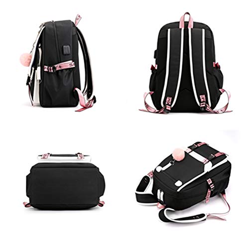 HANXIUCAO Girl Backpack 20-35L Large Capacity Oxford Cloth School Bag Outdoor Rucksackwith USB Charging and Headphone Port for Students (black and pink)