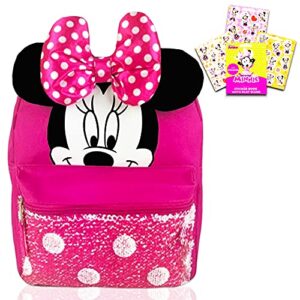disney minnie mouse backpack for girls bundle ~ deluxe 12″ mini sequin bag with stickers (minnie mouse school supplies)