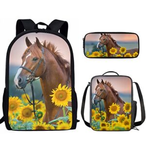 renewold sunflower horse print school bag set of 3, childrens backpack boys girls school bags with drinks side pocket and lunch box bag pencil case set bookbag