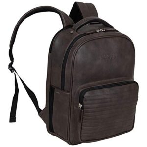 kenneth cole on track pack vegan leather 15.6” laptop & tablet bookbag anti-theft rfid backpack for school, work, & travel, brown, laptop