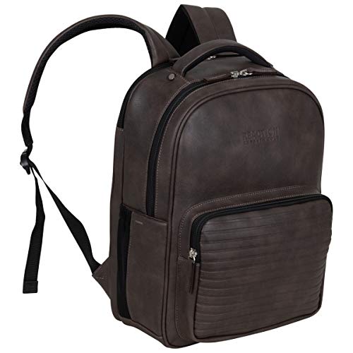 Kenneth Cole On Track Pack Vegan Leather 15.6” Laptop & Tablet Bookbag Anti-Theft RFID Backpack for School, Work, & Travel, Brown, Laptop