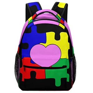 Heart Puzzle Autism Awareness Large Capacity Study Backpack Book Bag Daypack With Adjustable Padded Straps For Travel School Camping