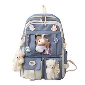 preppy backpack, kawaii backpack with kawaii pin and accessories for girls school cute aesthetic backpack (blue)