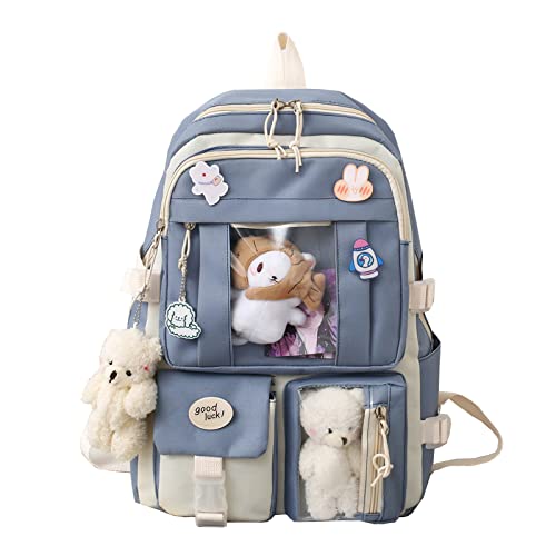 Preppy Backpack, Kawaii Backpack with Kawaii Pin And Accessories for Girls School Cute Aesthetic Backpack (Blue)