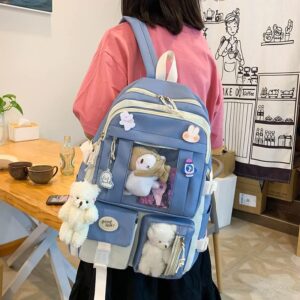 Preppy Backpack, Kawaii Backpack with Kawaii Pin And Accessories for Girls School Cute Aesthetic Backpack (Blue)