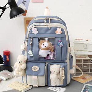 Preppy Backpack, Kawaii Backpack with Kawaii Pin And Accessories for Girls School Cute Aesthetic Backpack (Blue)