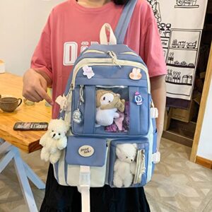 Preppy Backpack, Kawaii Backpack with Kawaii Pin And Accessories for Girls School Cute Aesthetic Backpack (Blue)