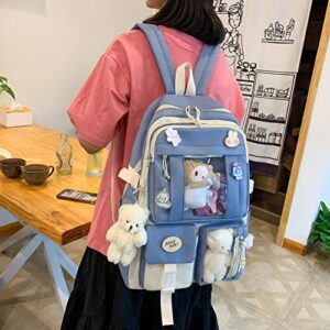 Preppy Backpack, Kawaii Backpack with Kawaii Pin And Accessories for Girls School Cute Aesthetic Backpack (Blue)