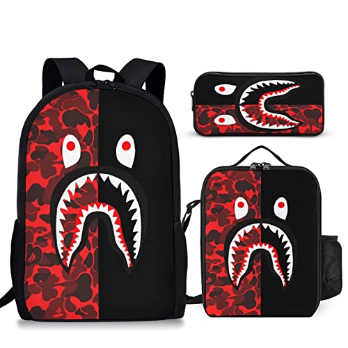 Hkugwiv Shark Face Camo Backpack 3 Piece Set with Lunch Box Pencil Case Laptop Daypack Bookbag for Teen Boys Girls