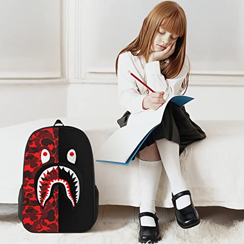 Hkugwiv Shark Face Camo Backpack 3 Piece Set with Lunch Box Pencil Case Laptop Daypack Bookbag for Teen Boys Girls