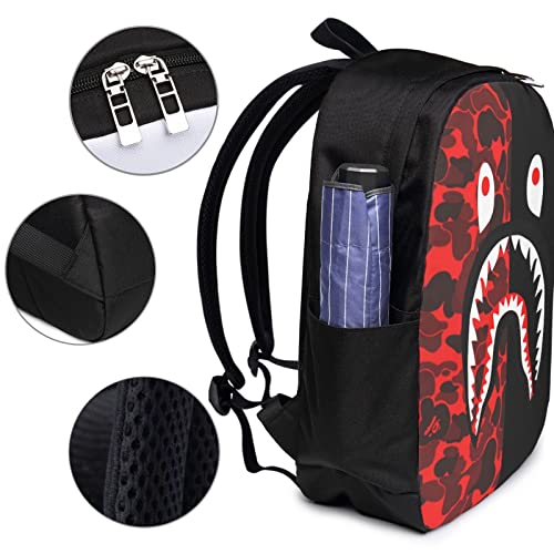 Hkugwiv Shark Face Camo Backpack 3 Piece Set with Lunch Box Pencil Case Laptop Daypack Bookbag for Teen Boys Girls