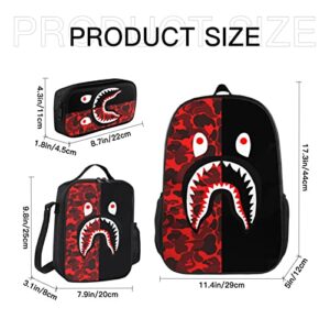 Hkugwiv Shark Face Camo Backpack 3 Piece Set with Lunch Box Pencil Case Laptop Daypack Bookbag for Teen Boys Girls