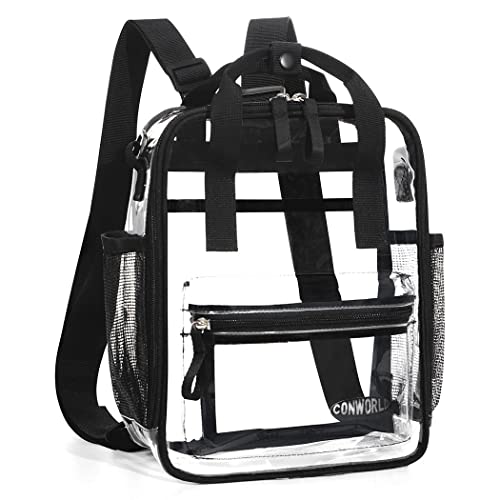 Conworld Clear Mini Backpack Stadium Approved, Small Clear Backpack Stadium Approved for Women Girl Men,Waterproof Transparent Backpack for Work & Sport&Concerts,Black