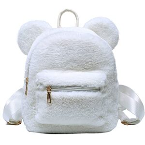 Girls Cute Bear Fuzzy Backpack Women Kawaii Soft Furry Casual Daypack Mini Plush Schoolbag Back To School Gifts for Girl (White,20*15*26cm)