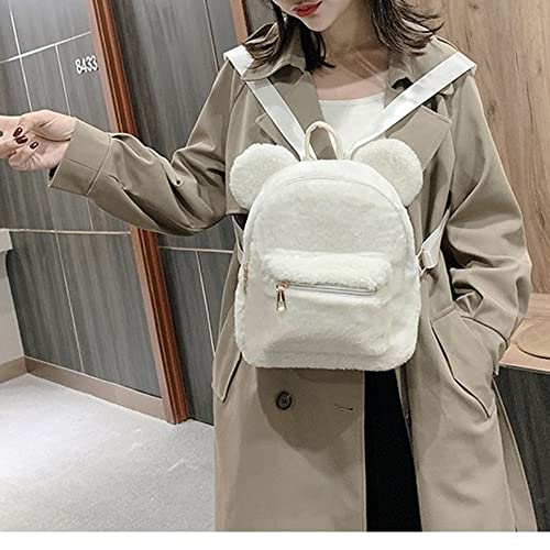 Girls Cute Bear Fuzzy Backpack Women Kawaii Soft Furry Casual Daypack Mini Plush Schoolbag Back To School Gifts for Girl (White,20*15*26cm)