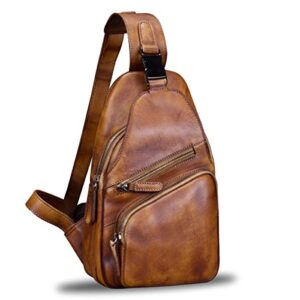 genuine leather sling bag chest shoulder hiking backpack vintage handmade crossbody daypack (brown)