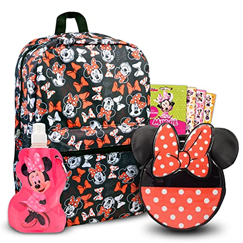 Walt Disney Studio Disney Minnie Mouse School Backpack With Lunch Box For Girls ~ 4 Pc Bundle With 16 Minnie School Bag, Lunch Bag, Water Pouch And Stickers (Minnie Mouse School Supplies)