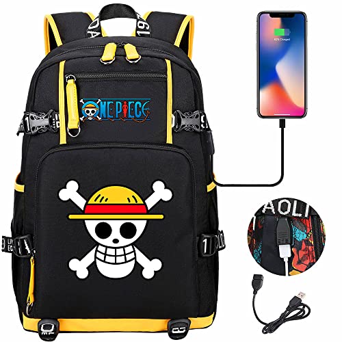 ZJYJING Anime One Piece Logo Luffy Print Backpack with USB Interface Casual Large Capacity Laptop Backpack (B3-1)