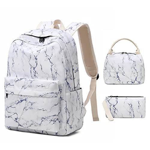 Sunborls Backpack For Teen Girls Lightweight High-Capacity Student Bookbag Women Backpack With Lunch Bag Pencil Bags Student Bookbags 3pcs（Marble White）