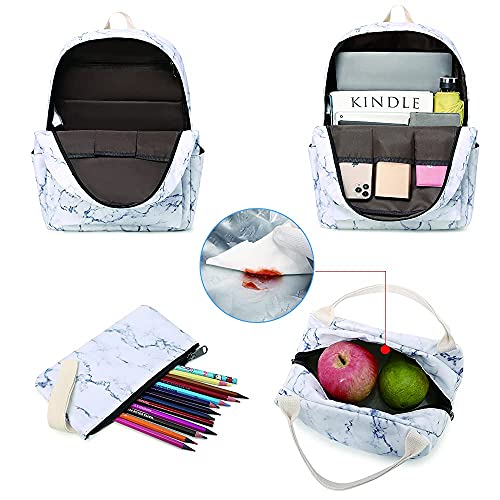 Sunborls Backpack For Teen Girls Lightweight High-Capacity Student Bookbag Women Backpack With Lunch Bag Pencil Bags Student Bookbags 3pcs（Marble White）