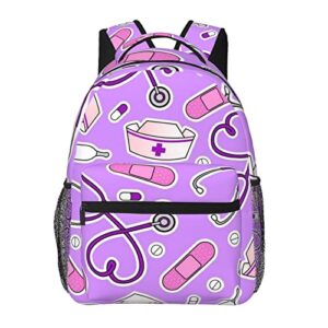 dmorj nurse pattern purple lightweight casual student backpack =>> light and portable, suitable for school, work, weekend vacation, travel, 7.8×11.4×15.7 inch