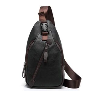 mens sling bag leather chest bag shoulder backpack cross body travel (black)