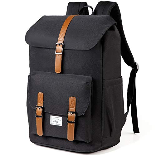 Kasqo Backpack for Men and Women, 15.6 Inch Laptop School Backpack Large Capacity Water Resistant Drawstring Flap School Bag College Student Bookbag, Black