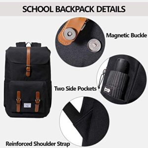 Kasqo Backpack for Men and Women, 15.6 Inch Laptop School Backpack Large Capacity Water Resistant Drawstring Flap School Bag College Student Bookbag, Black