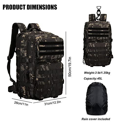 ZHIERNA Tactical Military Backpack, 3 Day Molle Assault Pack, Army Camping Rucksack for Travelling Hiking Treeking,45L(Black Cp)