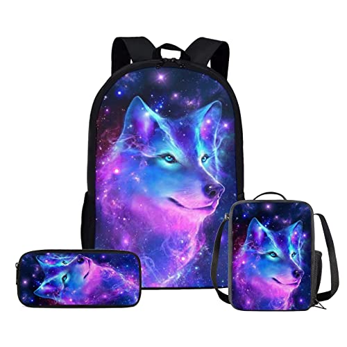 HELLHERO 3pcs/set Galaxy Wolf Backpack School Bag Boys Secondary School Girls Schoolbag for Kids Bookbag with Lunch Box Pencil Purse Hiking Camping Travel Picnic Laptop Backpacks Rucksacks