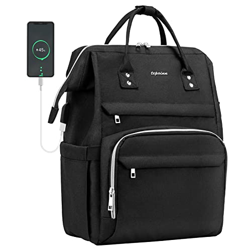 Tepoinn Laptop Backpack Women 15.6 Inch Business Travel Anti-Theft Computer Backpacks Work Bag with USB Charging Port, Water Resistant College School Backpack Purse Casual Daypack for Girls, Black