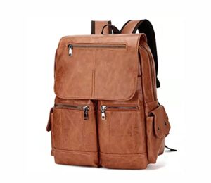 enyiwh men backpack purse leather vintage multi pockets travel bag laptop large capacity business casual (light brown)