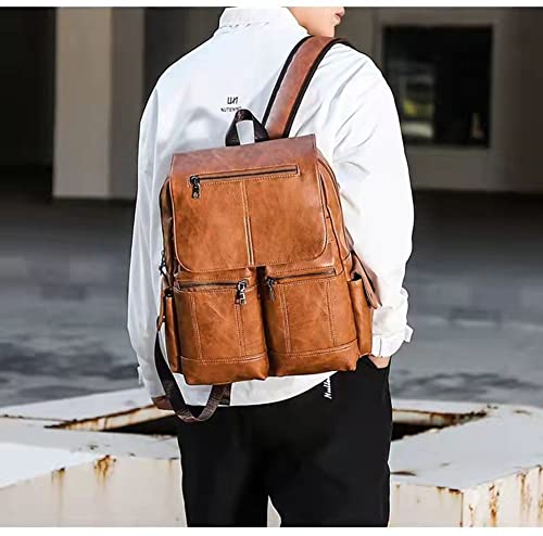 ENYIWH Men Backpack Purse Leather Vintage Multi Pockets Travel Bag Laptop Large Capacity Business Casual (Light Brown)