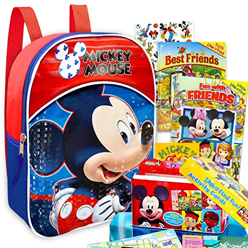 Disney Mickey Mouse Mini Backpack - Bundle with 11 Inch Mickey Backpack, Disney Look and Find Activity Cards Tin Lunch Box with 2 Disney Hidden Pictures Board Booklets