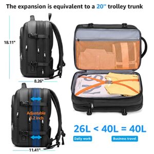 Refutuna Travel Backpack, 40L Flight Approved Carry On Backpack for Men Women, Expandable Water Resistant USB Charging Port Anti-Theft Laptop Backpack(Black)