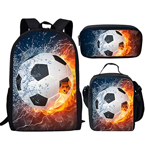 WELLFLYHOM Boys Soccer School Backpack Elementary Primary Students Bookbag with Lunch Box Pencil Case for Kids Youth Football Print High School Bag Bagpack Shoulder Bags Laptop Bag Rucksack