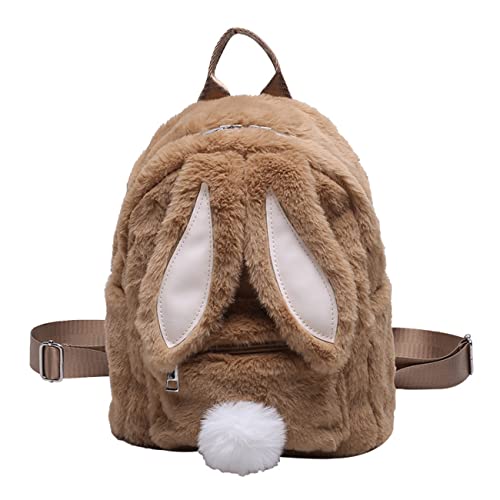 3D Plush Bunny Ear Girls Backpack Winter Kawaii Mini Schoolbag Teen Fluffy Aesthetic Small Students Bookbag Women Daypack (Coffee)