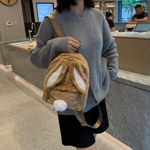 3D Plush Bunny Ear Girls Backpack Winter Kawaii Mini Schoolbag Teen Fluffy Aesthetic Small Students Bookbag Women Daypack (Coffee)